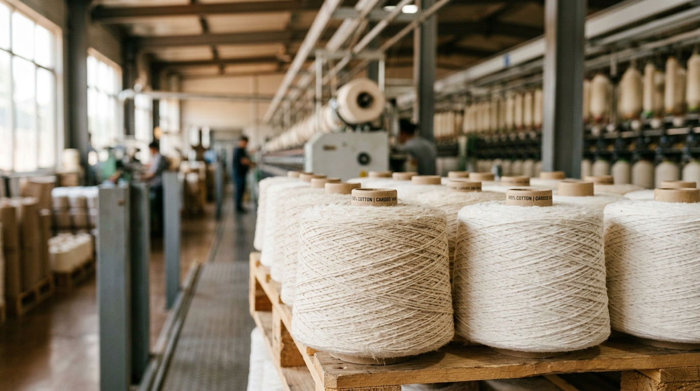 Natural cotton yarn cones in a modern spinning mill