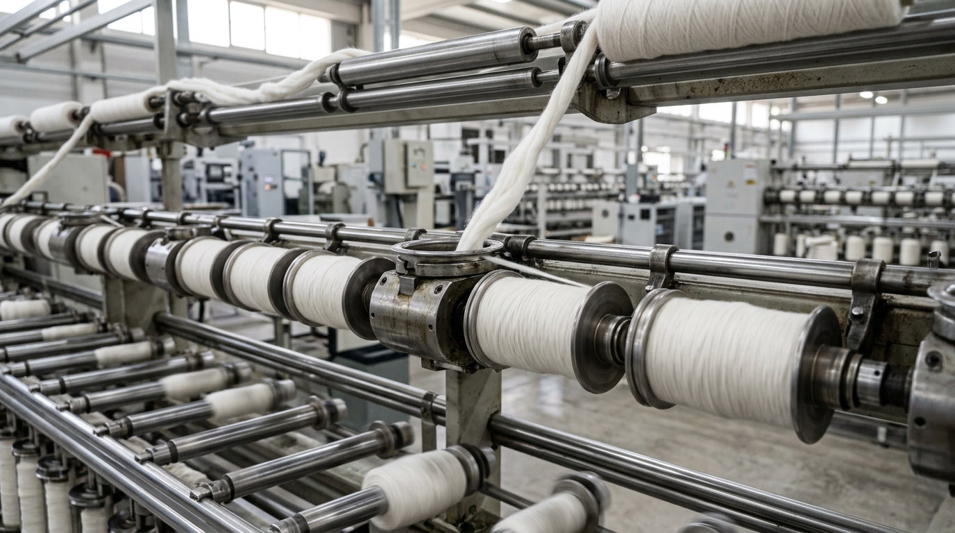 Close-up of a modern ring spinning frame in action