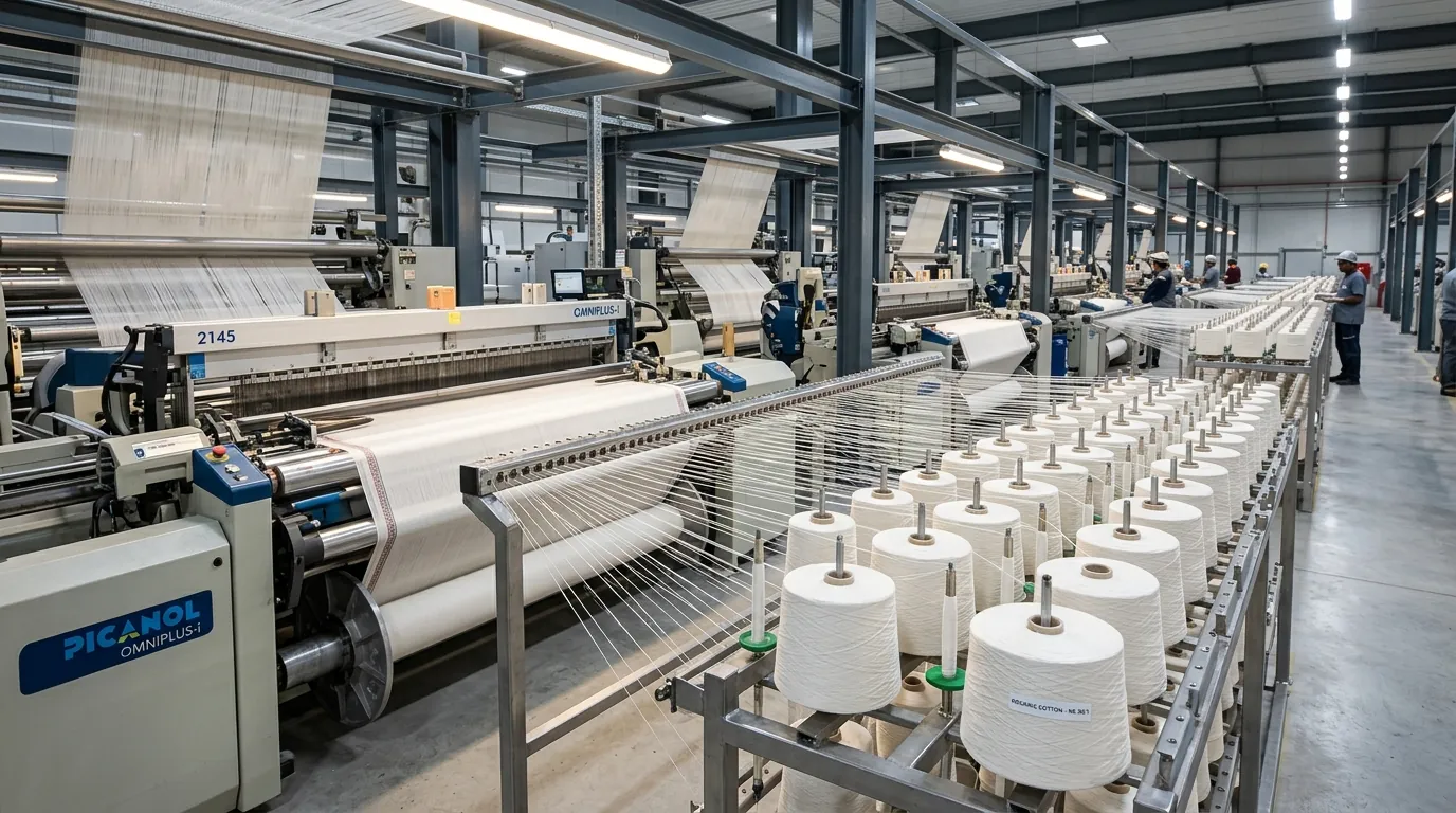Modern high-speed airjet and projectile looms in a weaving facility fed by quality cotton yarn cones